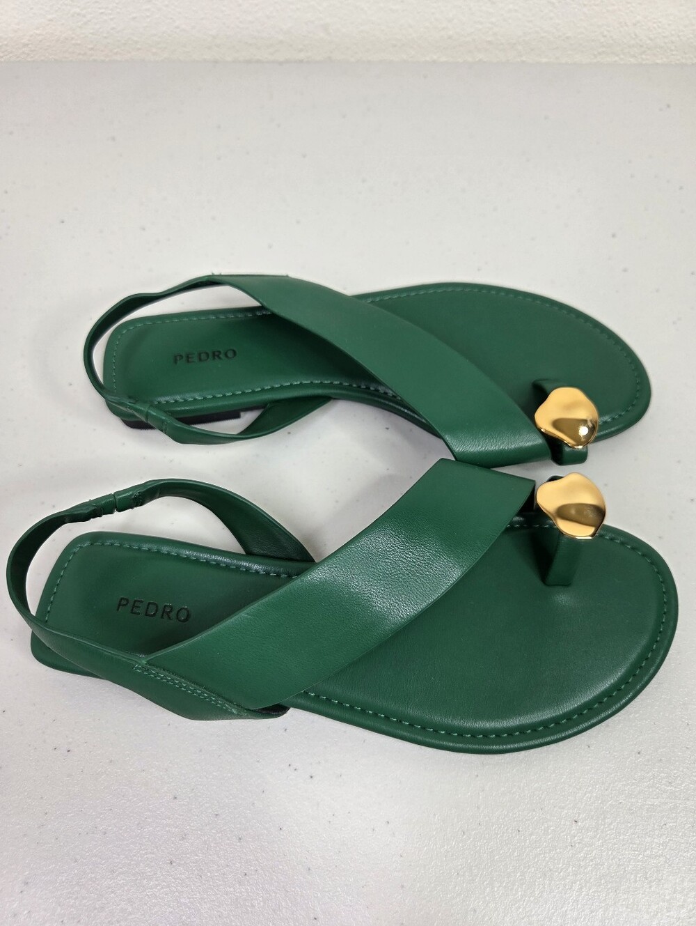Pedro Alexis Green Leather Cross-Strap Slingback Sandals with Gold Accent Toe - Picture 7 of 16